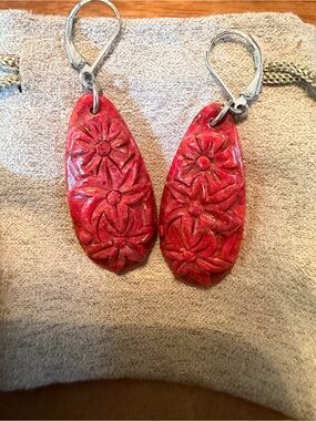 JTV- BBJ Handcrafted Red Coral 925 Floral Teardrop Earrings